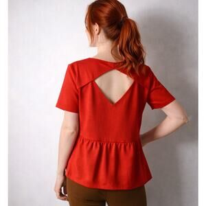 Sézane Textured Peplum Top US 10  Open Back V-Neck Red Blouse